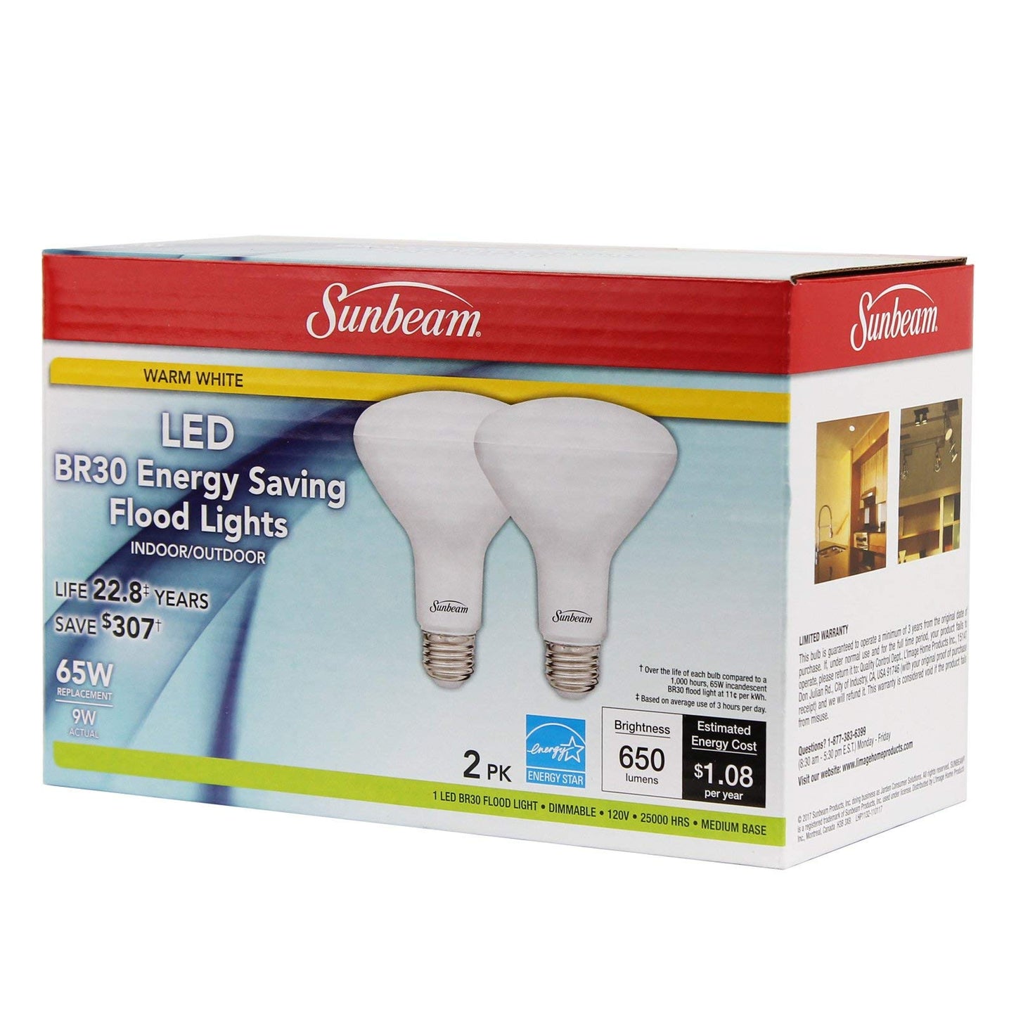 Sunbeam BR30 65W LED Indoor/Outdoor Dimmable Flood Lights 2 PACK, Energy Star, 650 Lumens, 3000K Warm White, use 9 Watt, 65 Replacement/Equivalent