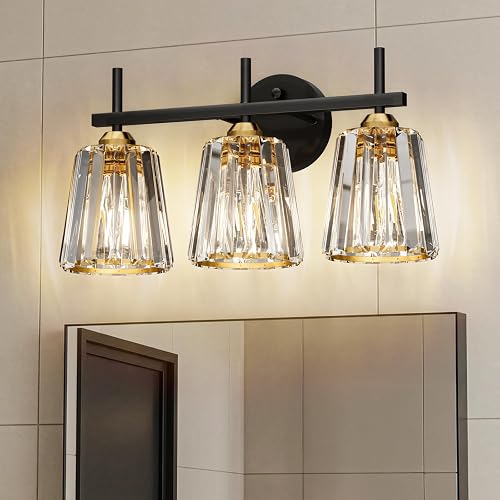 KernLite Crystal Bathroom Light Fixtures Over Mirror, Black Gold 3-Light Bathroom Vanity Lights Over Mirror Modern Wall Lighting Sconces with Ceramic
