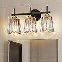 KernLite Crystal Bathroom Light Fixtures Over Mirror, Black Gold 3-Light Bathroom Vanity Lights Over Mirror Modern Wall Lighting Sconces with Ceramic