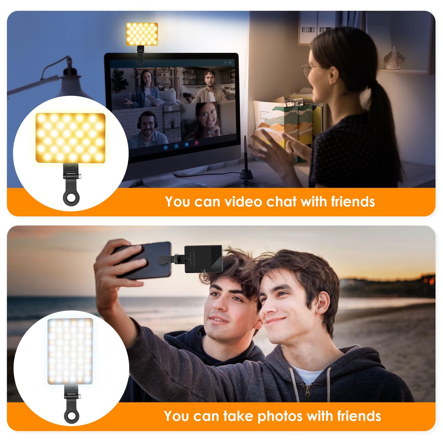 Selfie Light Portable Phone Light, Eagerey 60 LED Rechargeable Fill Lights with Front & Back Clip, CRI 95, 3 Modes, Clip on Lights for TikTok