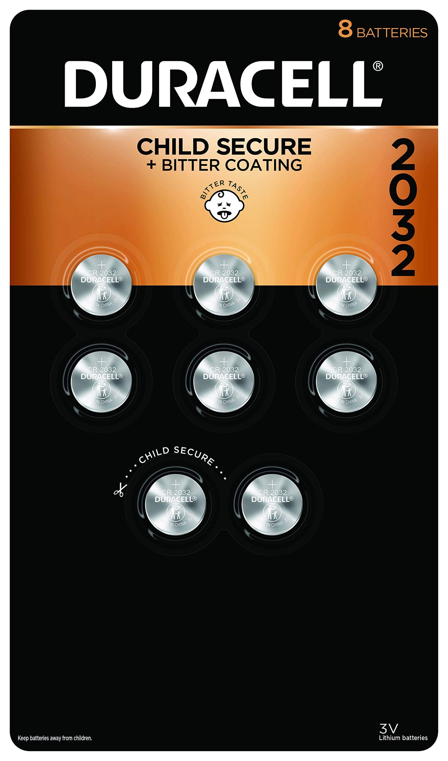 Duracell CR2032 3V Lithium Battery, Child Safety Features, 8 Count Pack, Lithium Coin Battery for Key Fob, Car Remote, Glucose Monitor, CR Lithium 3…