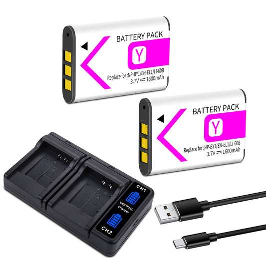 NP-BY1 Battery with Dual-Channel Charger Compatible for Sony NP BY1 EN-EL11 Li-60B DLi-78 DB-L70 DB-80, for Sony Action Mini HDR-AZ1, for Nikon