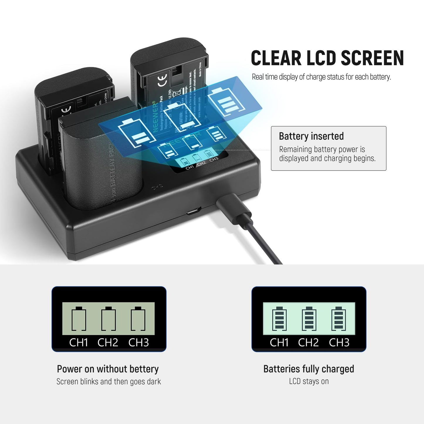 NEEWER Replacement Battery and Charger Set for LP-E6NH, 2250 mAh Replacement for LP-E6NH Battery & Triple Slot USB Charger Compatible with Canon EOS