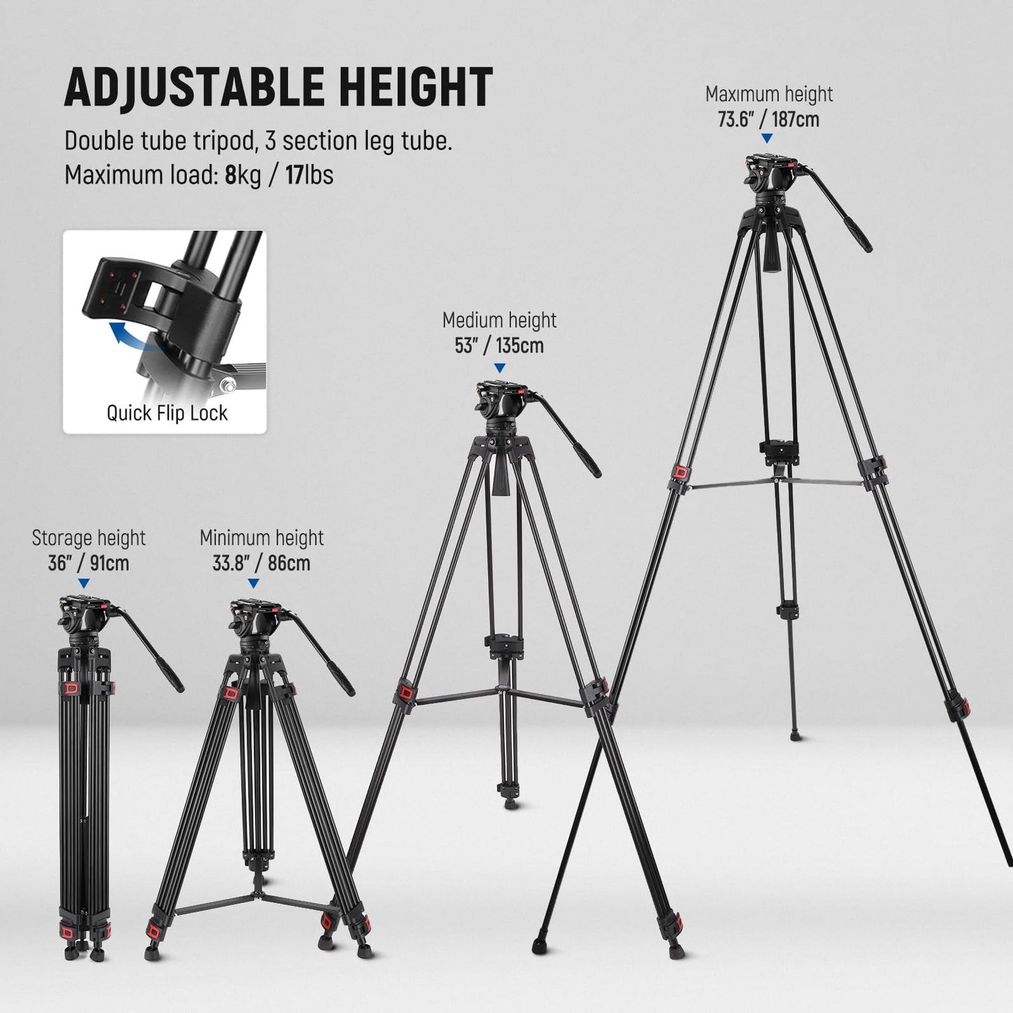 NEEWER 74" Video Tripod with Fluid Head & Damping Control, Aluminum Heavy Duty Camera Stand Professional with QR Plate for DSLR Camcorders for Video