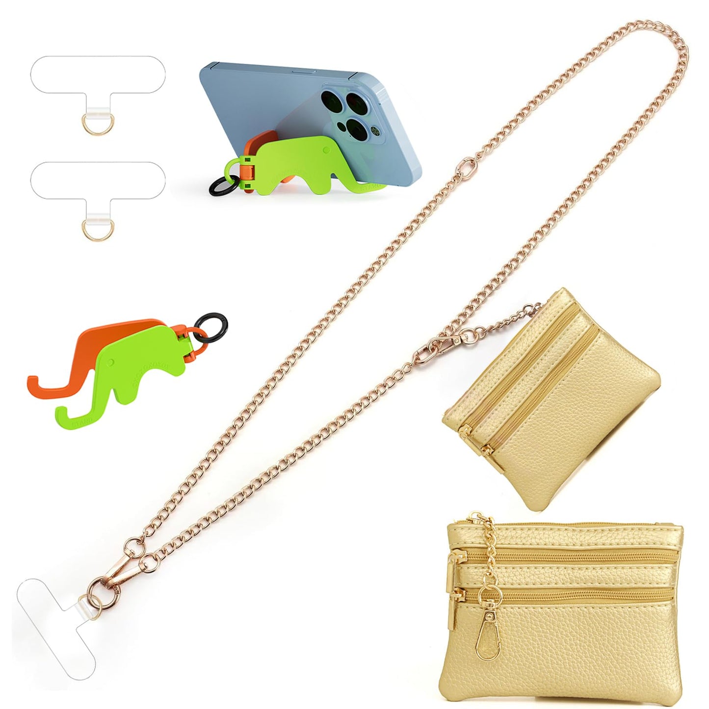 Clip and Go Strap for Phone Gold Metal Chain with Gold Purse Wallet Crossbody Phone Lanyard for Women with Cell Phone Stand Holder 2 Patches Tether