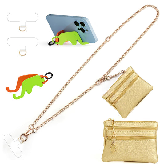 Clip and Go Strap for Phone Gold Metal Chain with Gold Purse Wallet Crossbody Phone Lanyard for Women with Cell Phone Stand Holder 2 Patches Tether