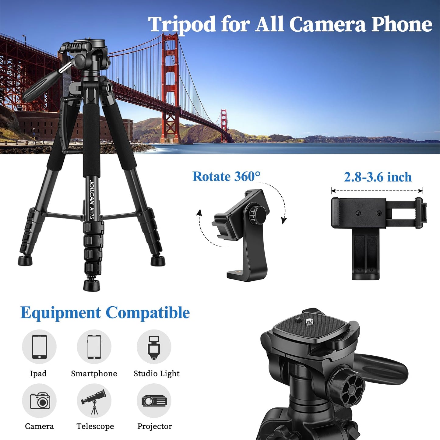 JOILCAN Tripod Camera Tripods, 74" Tripod for Camera Phone Video Recording, Heavy Duty Cameras Tripod Stand, Professional Travel DSLR Tripods
