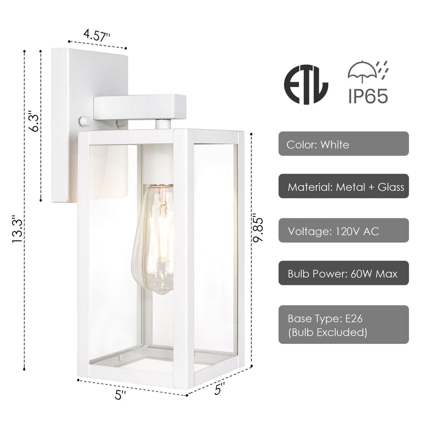 GRUENLICH Waterproof Large Outdoor Wall Lanterns, Modern White Porch Sconces with Clear Glass Shade, E26 Socket Max 60W, IP65 Rated, Metal Frame