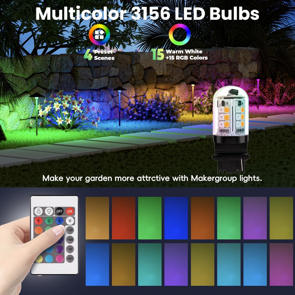 Makergroup RGB S8 3156 Wedge Base LED Light Bulbs Color Changing, Warm White+15 Multi-Colors and Dimmable on Remote Control, Weatherproof for Outdoor
