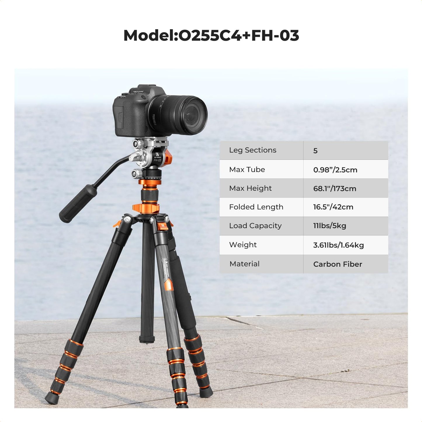 K&F CONCEPT Tripod for Camera?68'' Carbon Fiber Tripod with Fluid Head Max Load 11lb, Lightweight DSLR Camera Tripods & Monopods for Canon Sony Nikon.