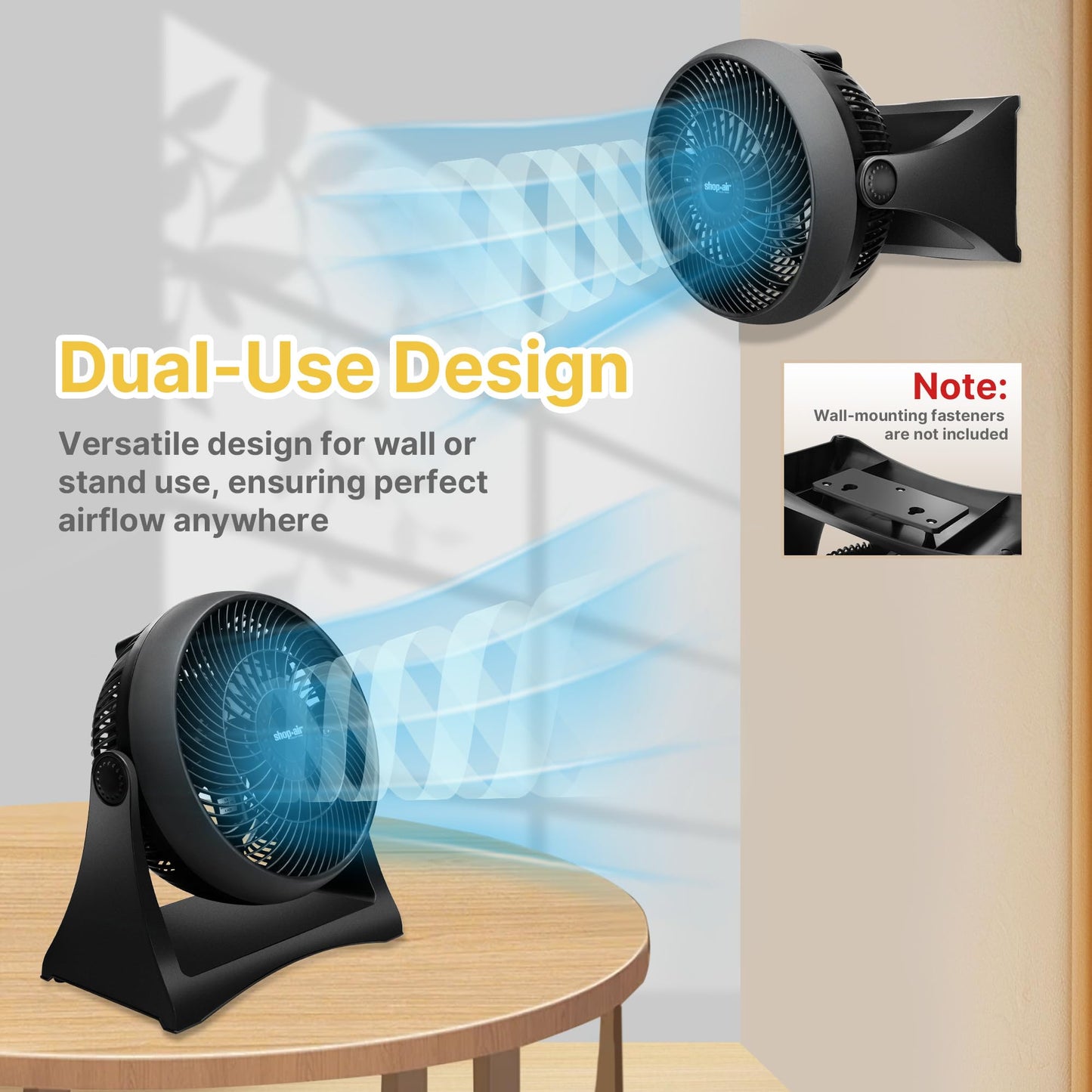 Shop-Air 8" Wall-Mounted Desk Fan, TurboForce Air Circulator Fan, High-Velocity Cooling Table Fan, 3 Speeds, Quiet Operation, 120° Adjustable Tilt