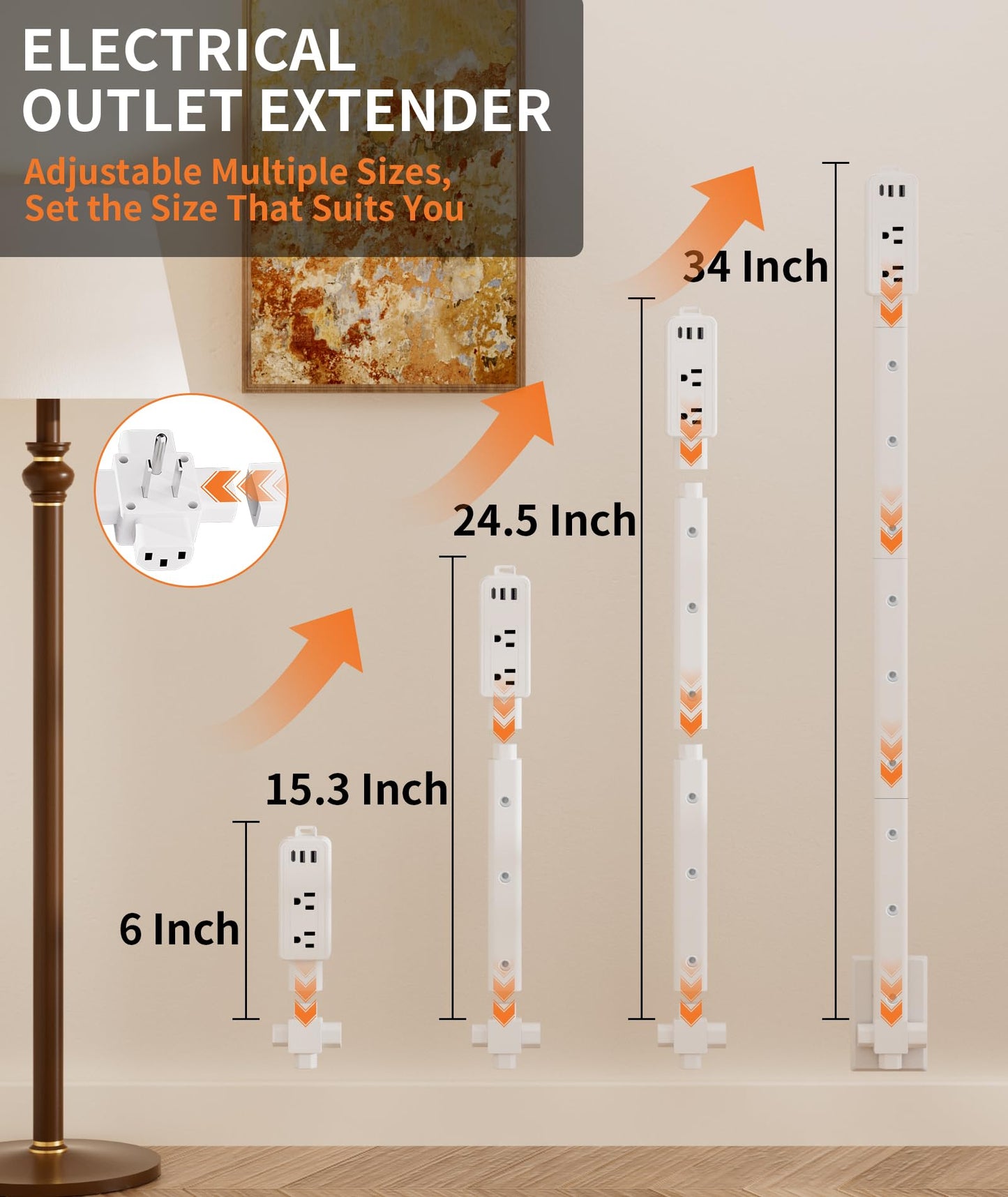 Electrical Outlet Extender Stick Features 2 USB-A, USB-C and 2 AC Outlets, Extendable 6", 15.3", 24.5", 34", for Hard to Reach Spaces Use Behind