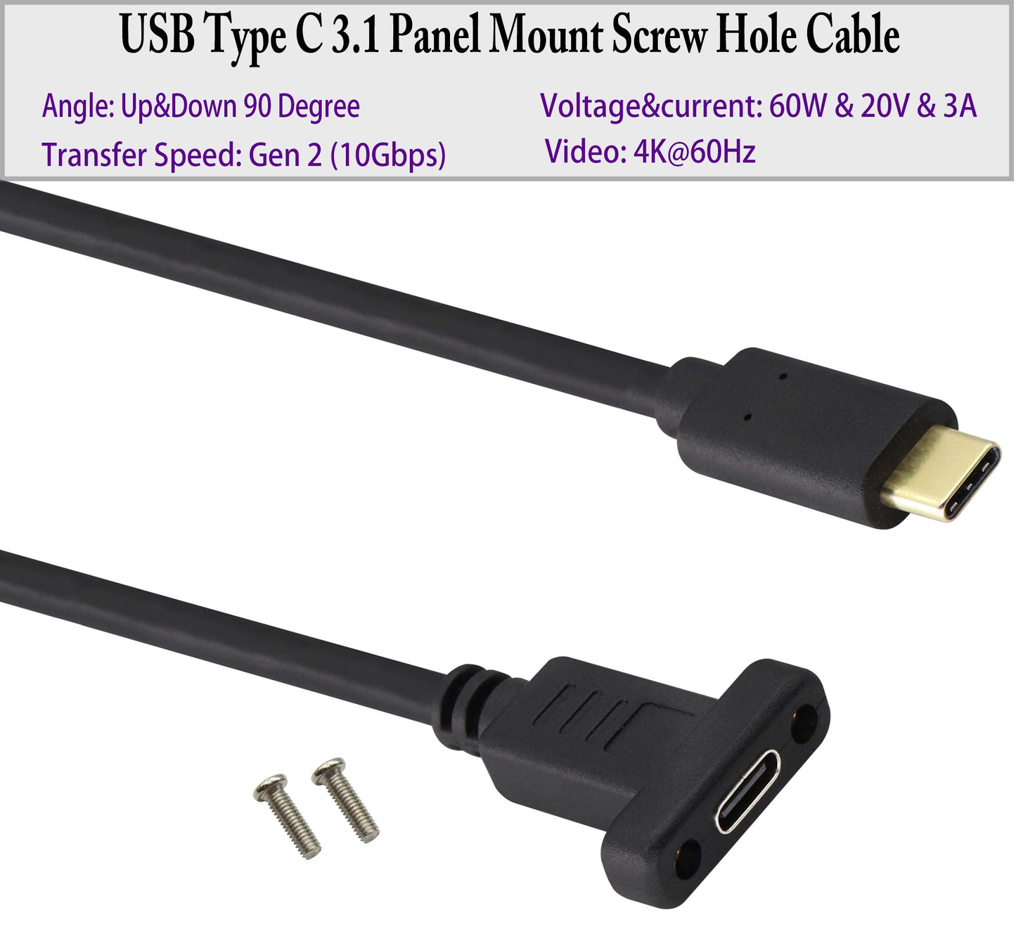 AAOTOKK USB Type C 3.1Panel Mount Adapter Cable USB-C 3.1 Gen2 10Gbps Male to USB C Female Panel Mount Screw Cable,Supports Charging,Data,Audio,Video