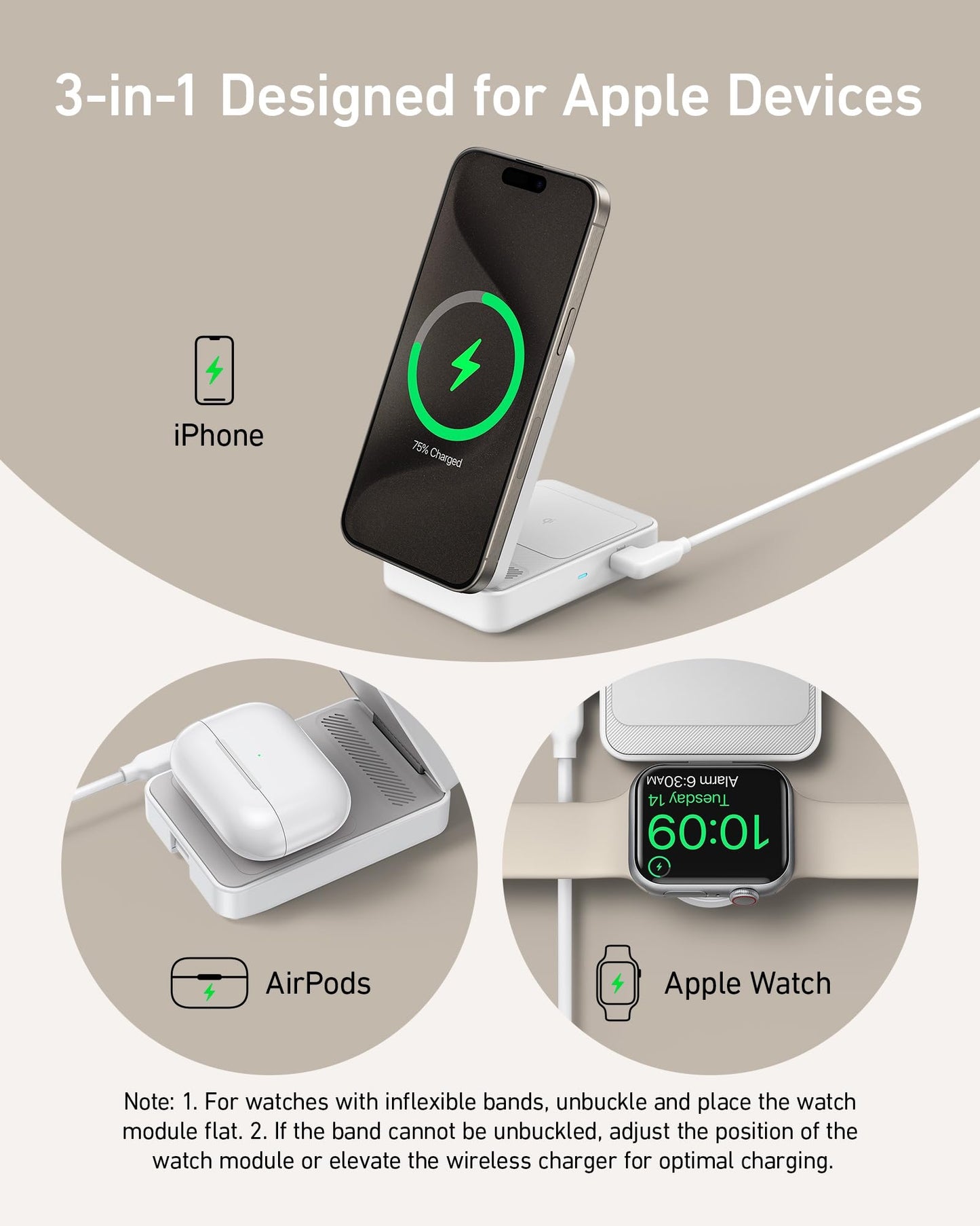 Anker MagGo 3 in 1 iPhone 17 Charging Station, MagSafe-Compatible Wireless Charger Stand, Qi2 Certified 15W Foldable Charger for iPhone