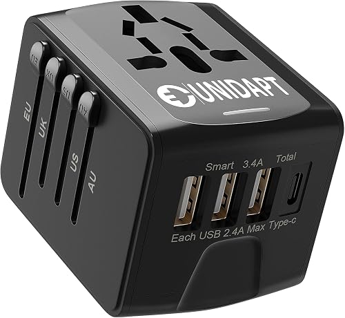 Unidapt International Travel Adapter, Universal Power Adapter Worldwide with 3 USB-A, 1 Type-C - Perfect for Travel to Europe US, EU, UK, AU Over 160
