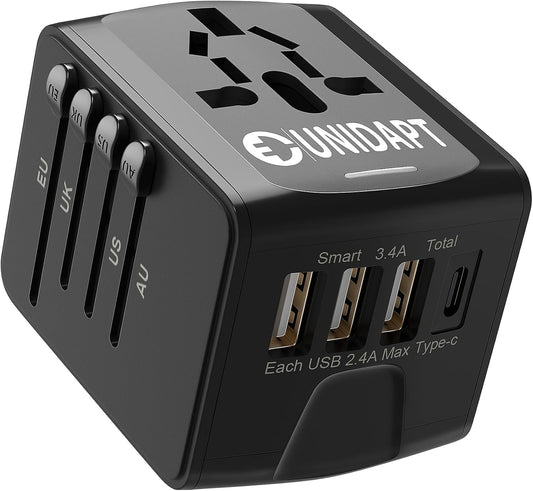 Unidapt International Travel Adapter, Universal Power Adapter Worldwide with 3 USB-A, 1 Type-C - Perfect for Travel to Europe US, EU, UK, AU Over 160