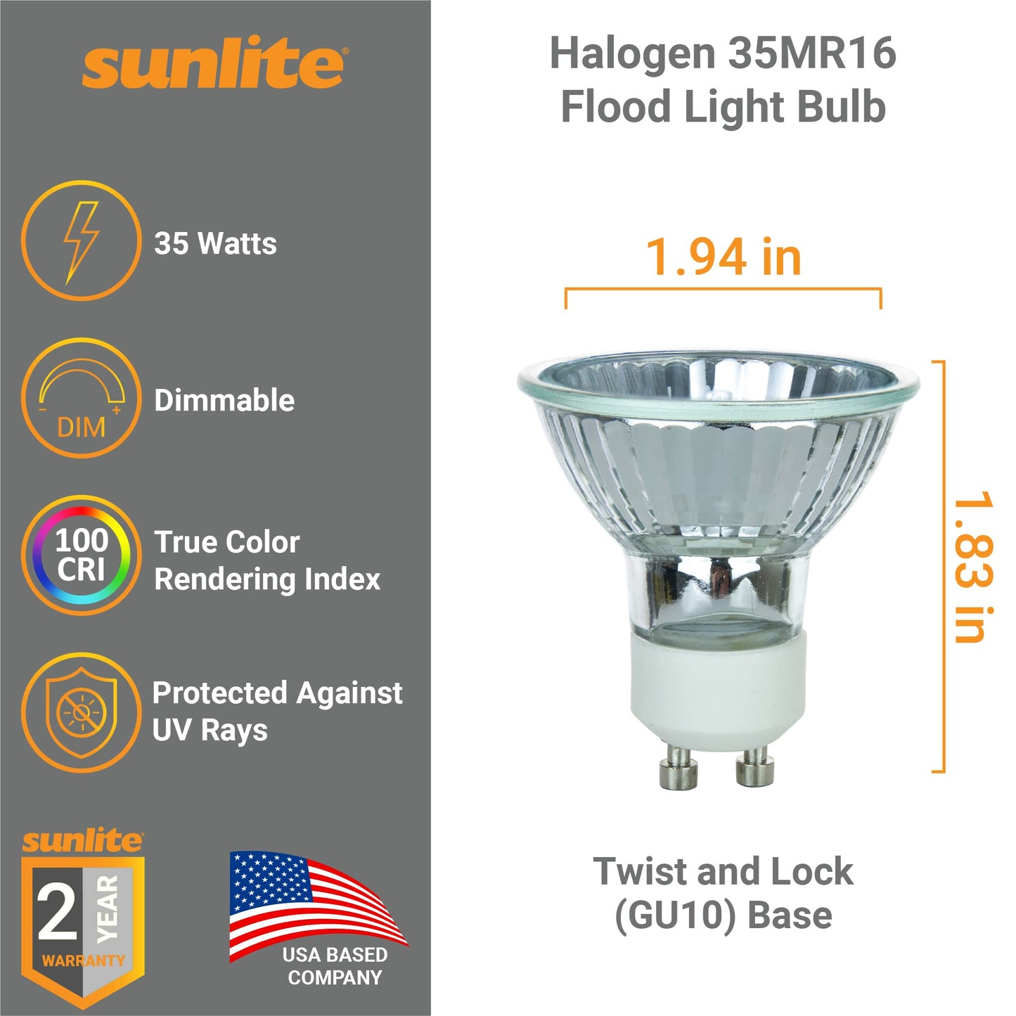 Sunlite 40712 MR16 Halogen Reflector Bulb, 35 Watt, 38° Flood, 120 Volt, 2000 Hour Life Span, Dimmable, GU10 Base, Cover Guard, 3200, ANSI FMW