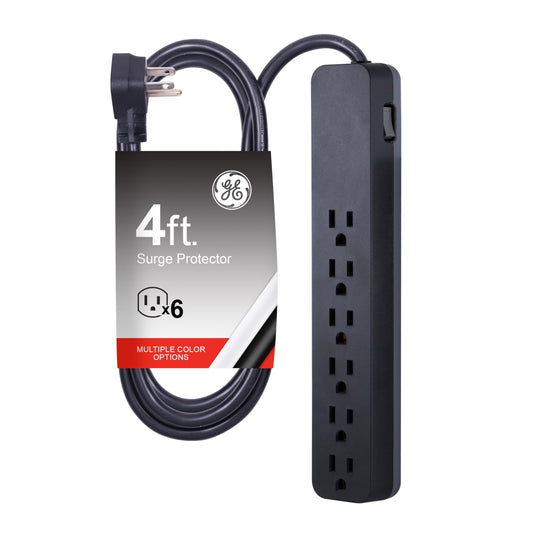 GE Pro 6-Outlet Surge Protector, 4 Ft Extension Cord, 840 Joules, Power Strip, Flat Plug, Integrated Circuit Breaker, Wall Mount, UL Listed, Black