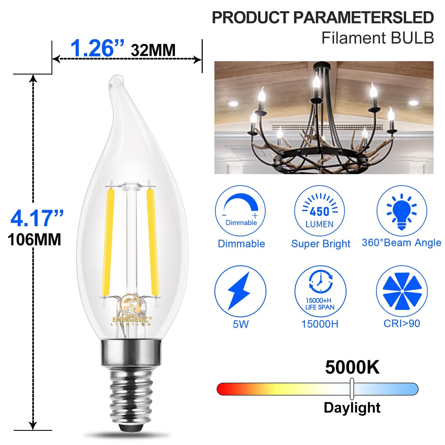 Energetic 90+ CRI LED Candelabra Light Bulb 60W Equivalent E12 LED Bulb Dimmable 5000K Daylight, Chandelier Light Bulbs, 5W 450LM Flame Tip CA10
