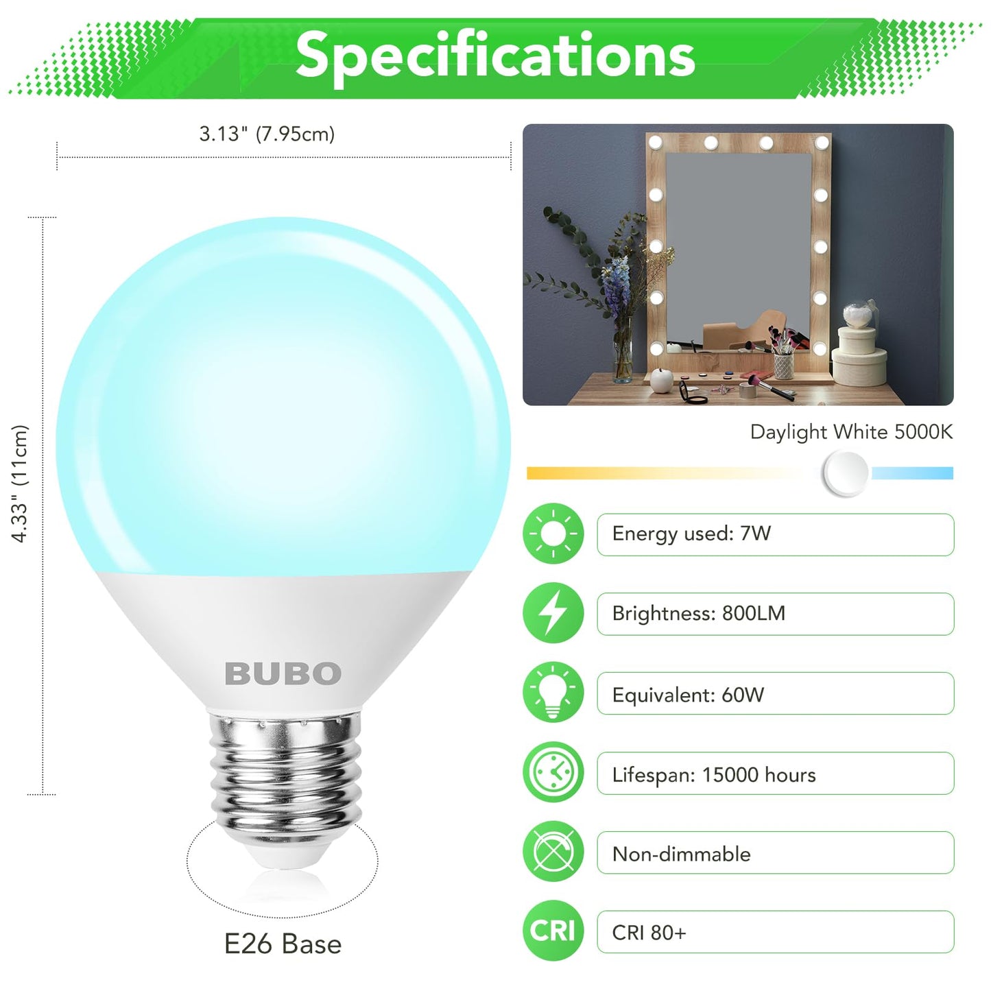 BUBO Vanity Light Bulbs 60 Watt Equivalent, Bathroom Light Bulbs Daylight White 5000K, Round Light Bulb, G25 LED Bulbs 800 Lumens, E26 Medium Base