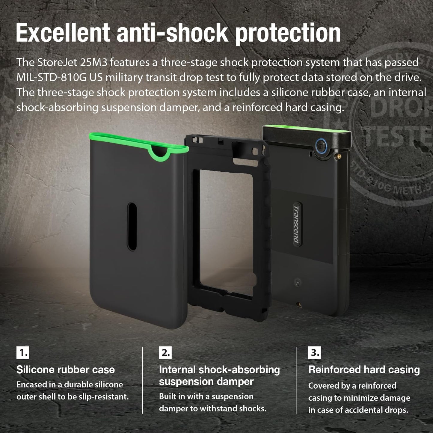 Transcend StoreJet 2TB Rugged External Hard Drive, USB3.1(5Gbps) Portable HDD w/One Touch Auto-Backup Button/Anti-Shock
