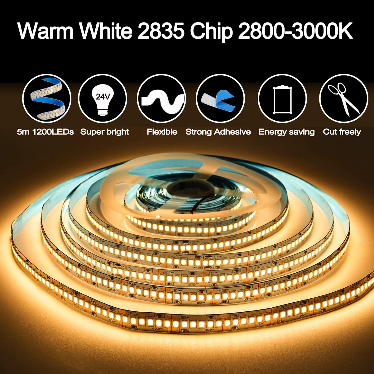Tesfish 24V LED Strip Lights, Warm White 3000K 16.4ft SMD 2835 IP20 240 LEDs/M Total 1200 LEDs Super Bright 12000LM Rope Light Strips for Bedroom