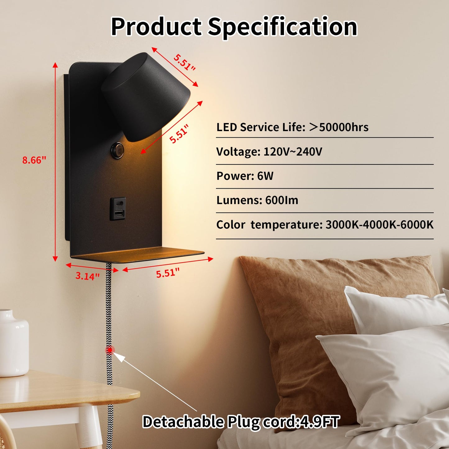 DEC LUCE DECOLUCE LIGHTING Modern LED Plug in Wall Sconce, Dimmable Wireless Wall Light Fixtures with Shelf and USB Port, 6W,600LM, Rotatable Small