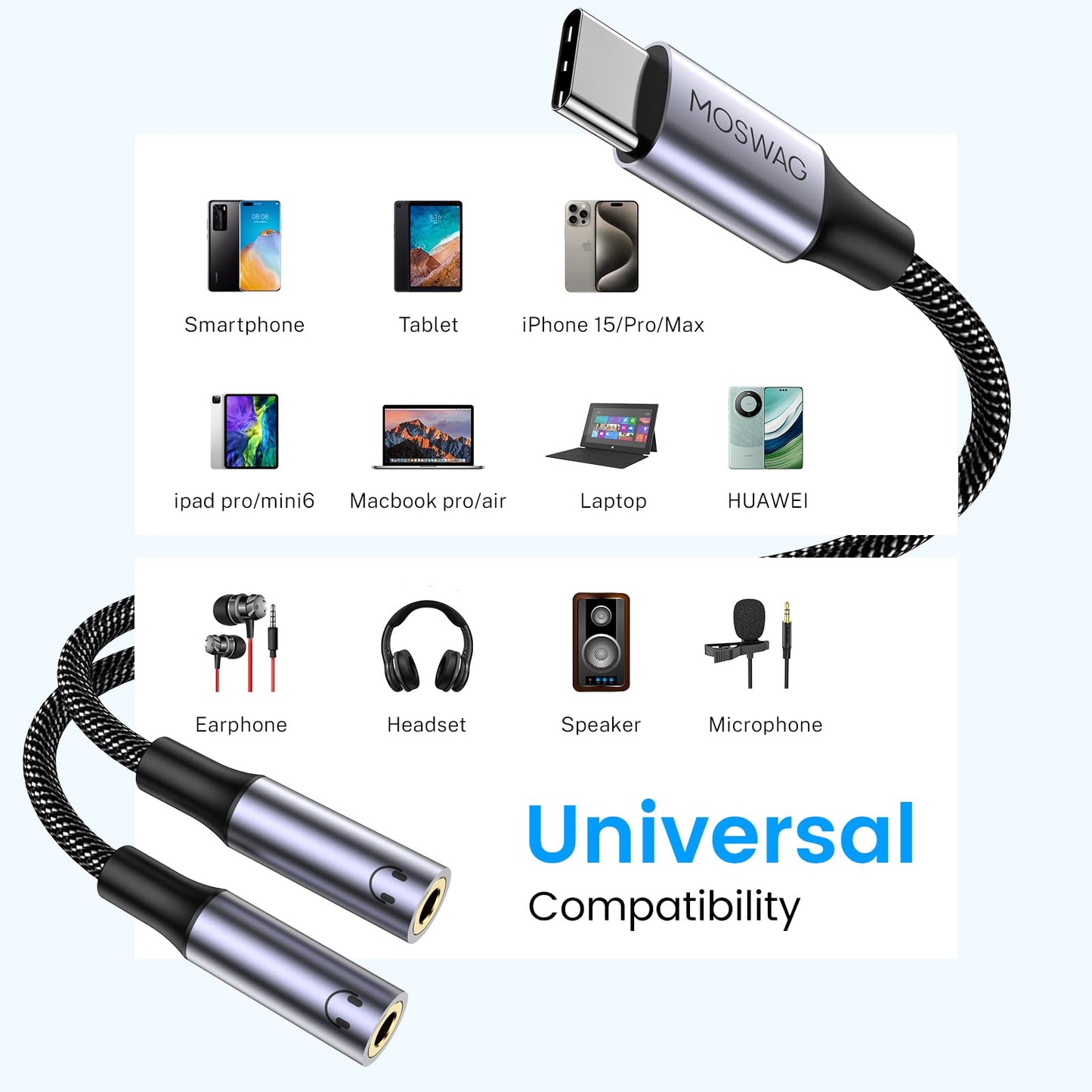 MOSWAG USB C to Dual 3.5mm Female Headphone Splitter, Type C to Dual 3.5mm Female Audio Jack Splitter Headphone Adapter Compatible with iPhone