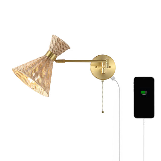 JONATHAN Y 25" Brass Gold 1-Light Mid-Century Swing Arm LED Sconce with USB Port, Pull Chain Vintage Wall Lamp for Bedroom Living Room Decor, Light