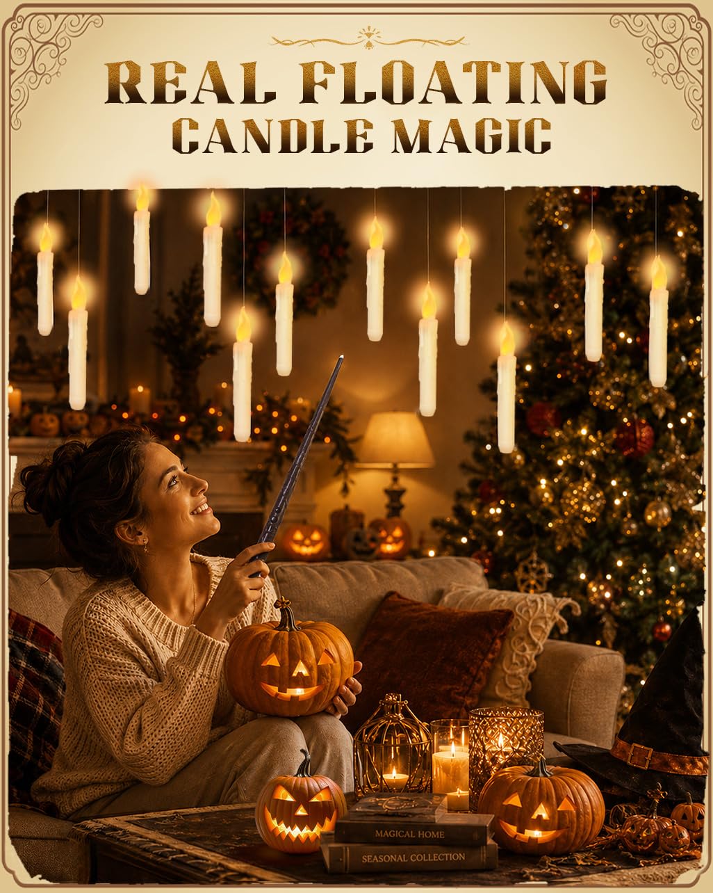 WEIBOLT Flameless Floating Candles with Wand?12 Pcs Magic LED Hanging Taper Candles?Flickering Battery Operated Taper Candle with Wand Remote