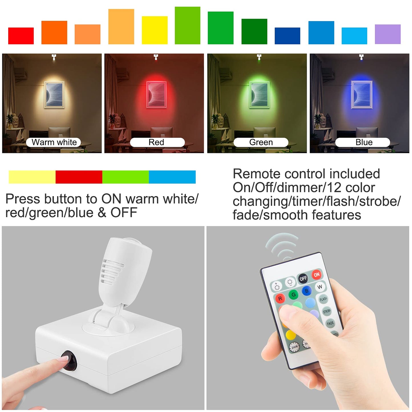 HONGUT Wireless LED Spotlight, Wall Picture Lights,12 Colors Changing Accent Artwork Lighting, Picture Light for Paintings, Indoor Closet Lights, Puck