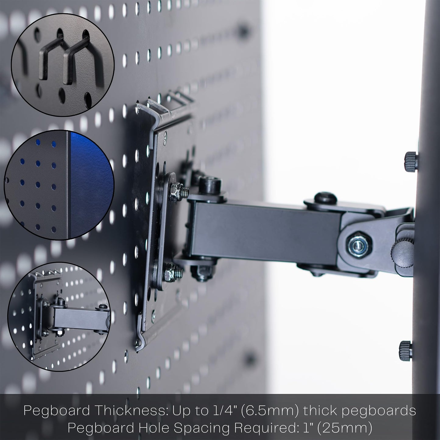 VIVO Articulating Single Monitor Pegboard Mount with Arm, Fits Screens up to 32 inches and Peg Boards up to 0.25 inches Thick with 1 inch Hole