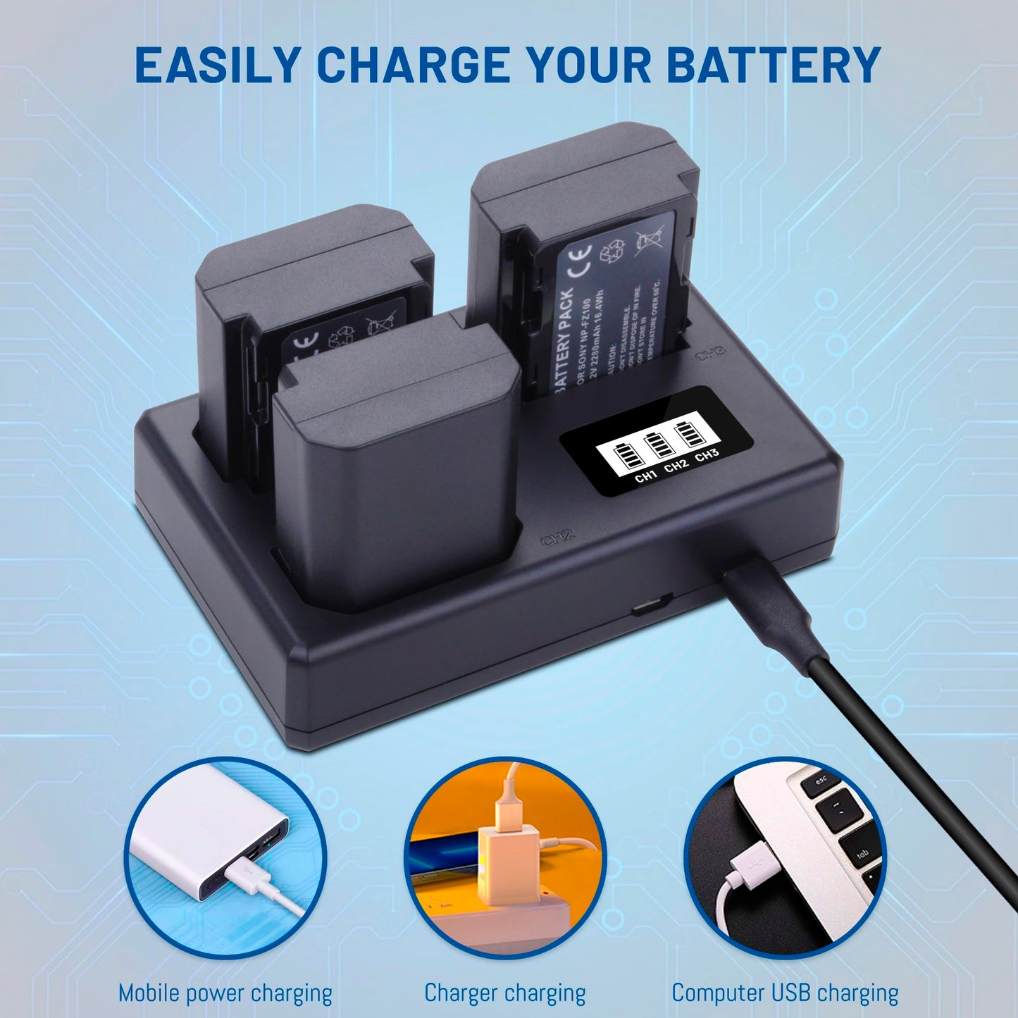 3-Pack NP-FZ100 Battery with Triple Slot LCD Charger for Sony A7iii, A7iv, A7C, FX3, FX30, A9, A6600, A6700, ZV-E1, ZV-E10ii, Alpha 9, Alpha A9 II