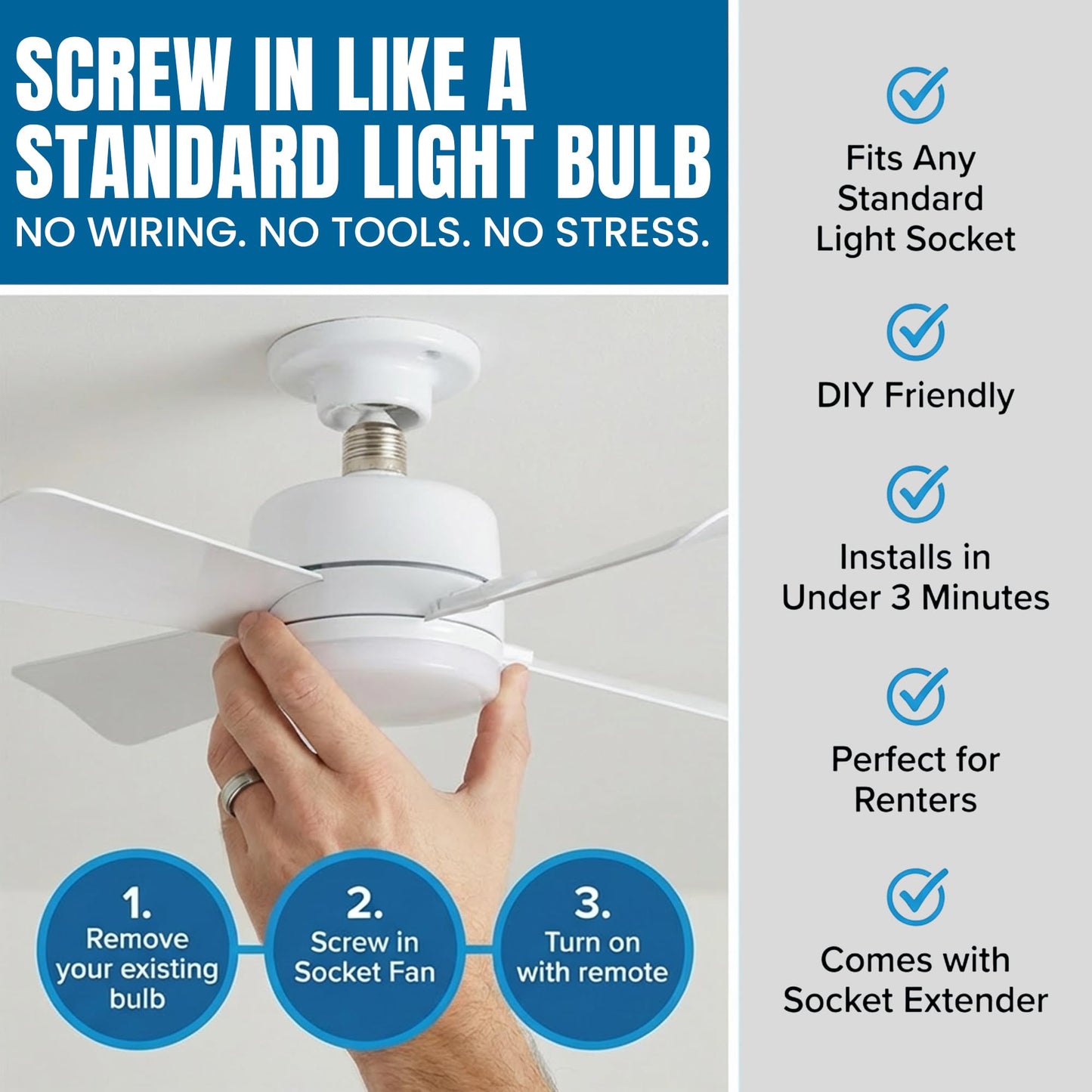 SOCKET BREEZE 15.4" Socket Fan Light Celing Fan with Remote Control