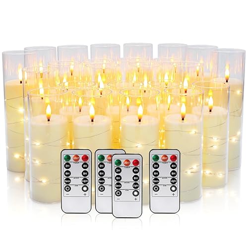 CAKETYCG 24 Pcs LED Flameless Candles with Remote, 3D Flickering Flame & LED String Lights, Acrylic Clear Cylinder, Timer Function, Romantic Ambience