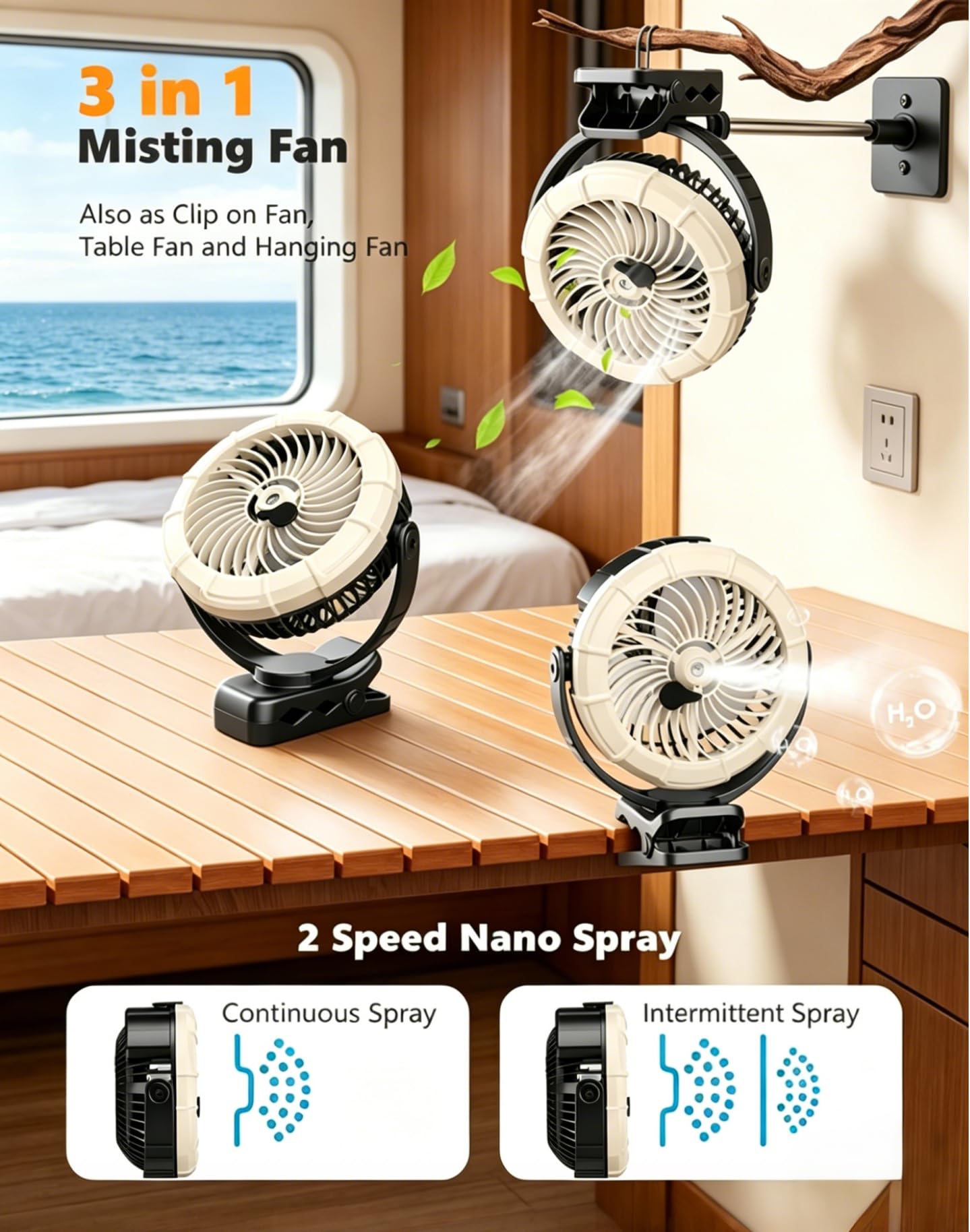 Ausic Portable Clip on Misting Fan, [5-45Hrs] Golf Cart Spray Fan, 720° Rotate Baby Stroller Fan, Outdoor Camping Fan with LED, Rechargeable Battery