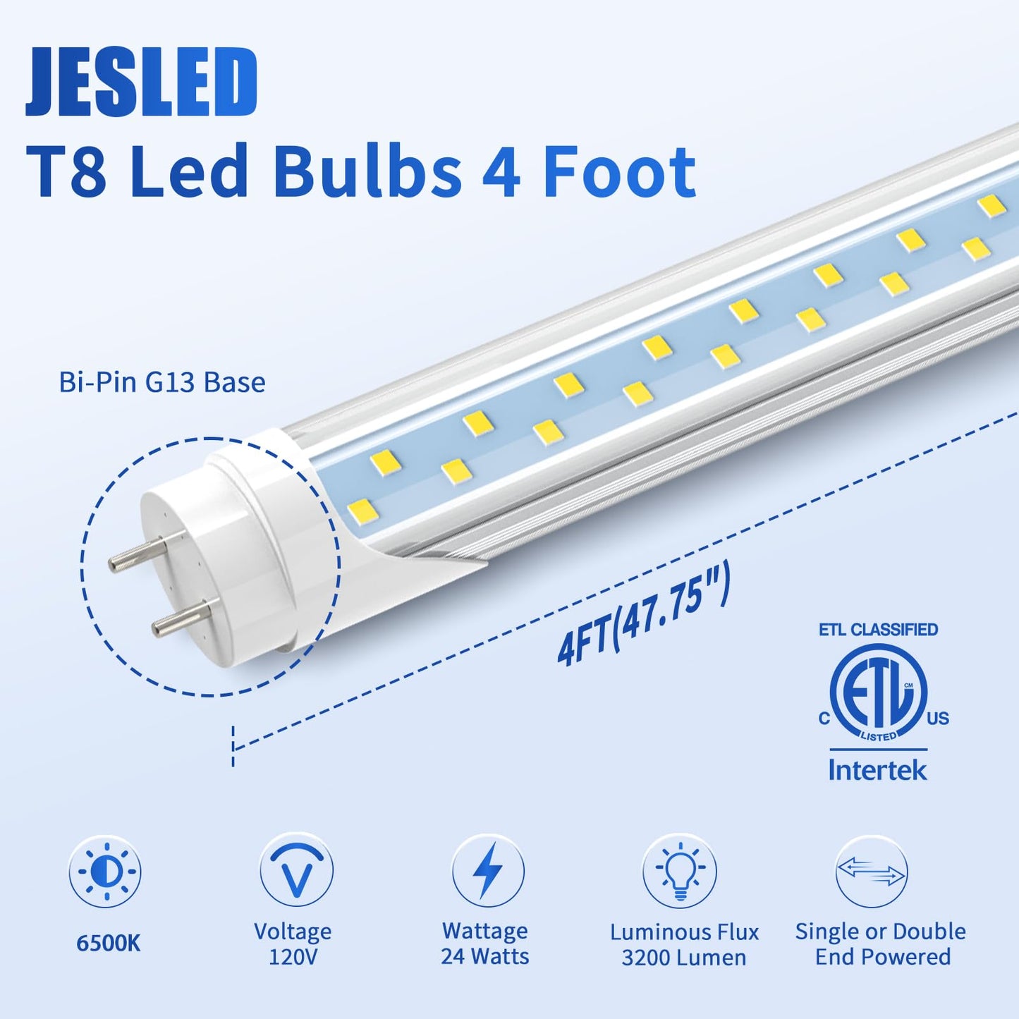 JESLED T8 LED 4FT Type A+B Light Bulbs, 24W(65W Equivalent), 3200LM, 6000K, Plug and Play or Ballast Bypass, 4 Foot LED Fluorescent Light Bulbs, ETL