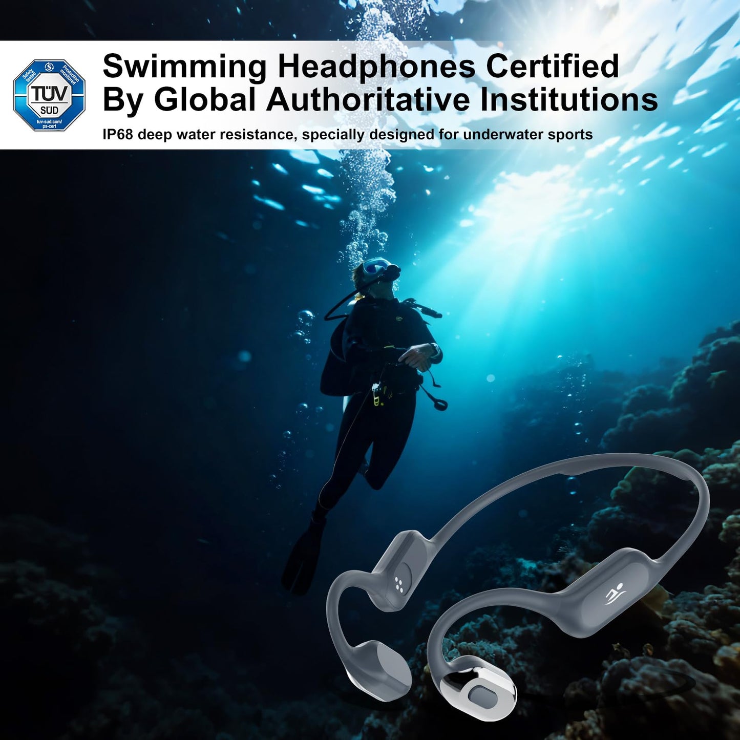 Opinta Swimming Headphones with Safelight, IPX8 Waterproof Bone Conduction Headphone Wireless Underwater Earbuds with 32GB Memory for Swimming