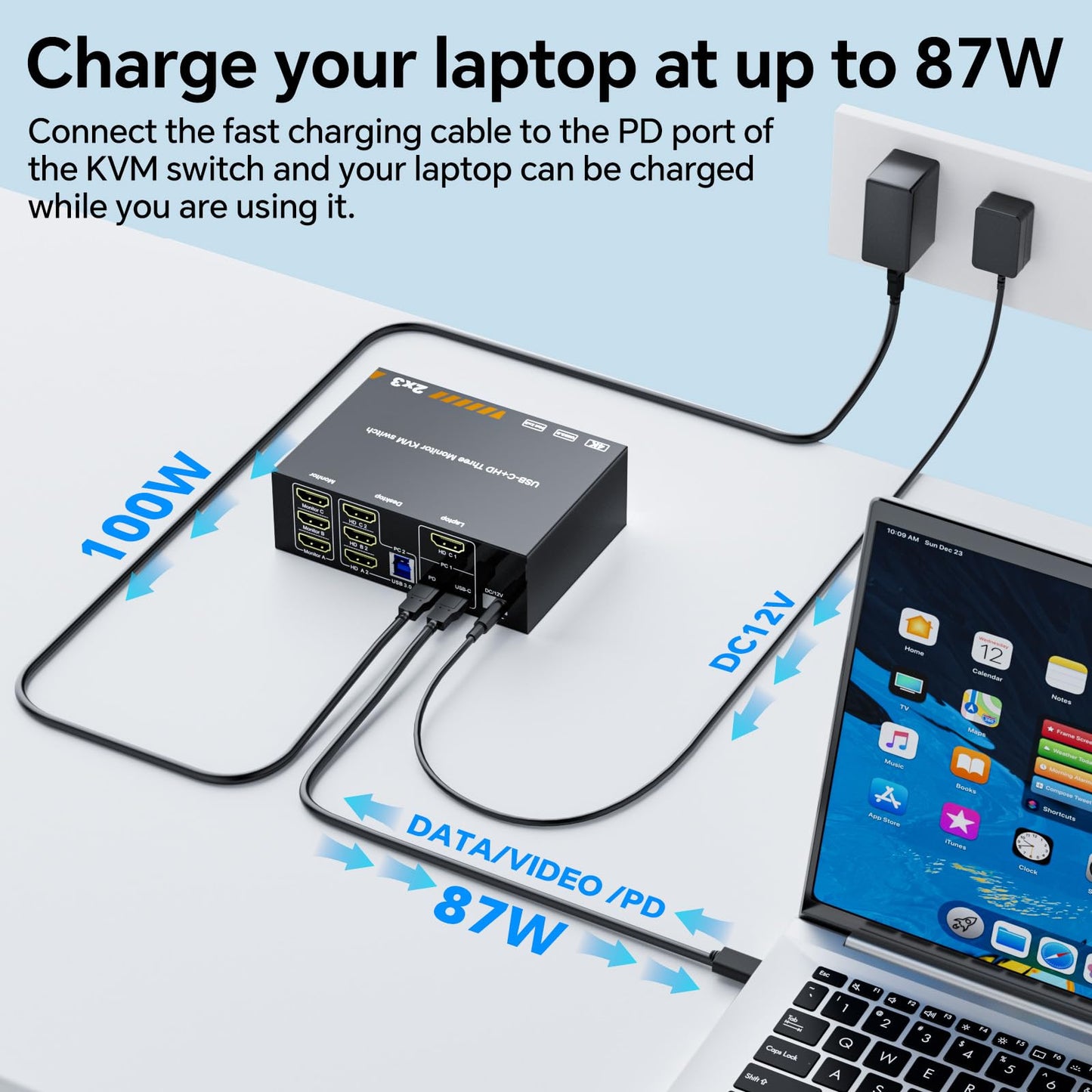 KVM Switch 3 Monitors for 1 Laptop and 1 Desktop 4K@60Hz, USB C HDMI Three Monitor KVM Switch,Docking Station KVM Switches with 4 USB 3.0 Port, 87W PD