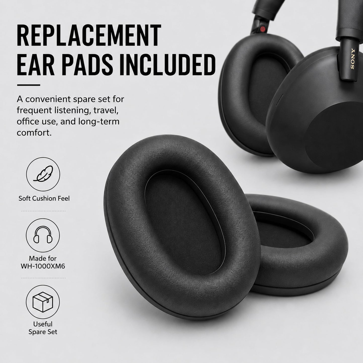 Sony WH1000XM6/B Best Wireless Noise Canceling Headphones, Black Bundle with Deco Essentials Headphones Ear Pads Replacement Headset Ear Cushions