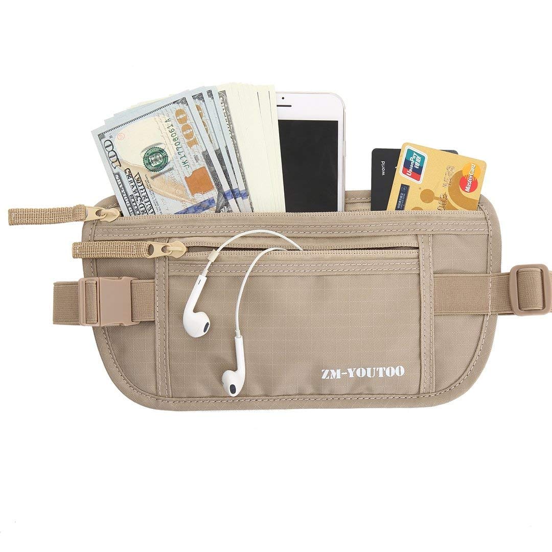 ZM-YOUTOO RFID Blocking Money Belt – Hidden Travel Waist Pouch & Passport Holder Wallet for Cash, Cards & ID, Khaki