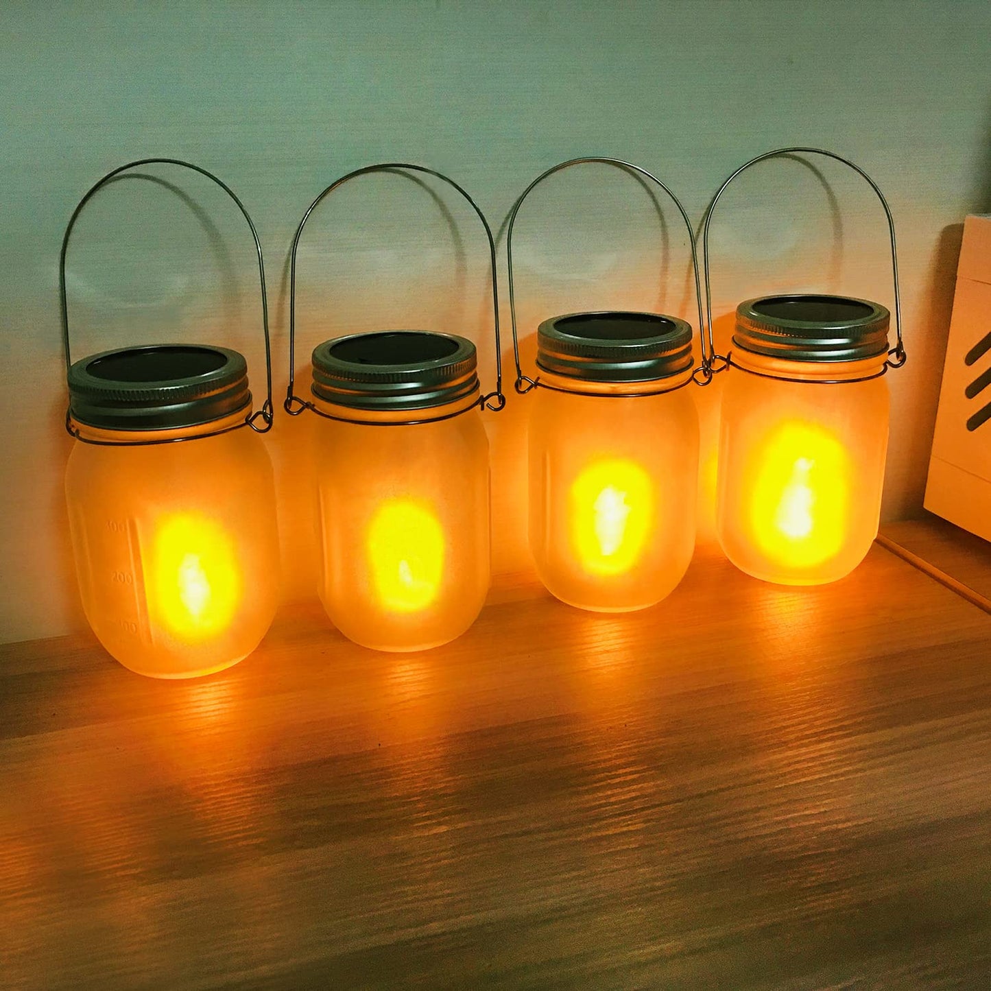 Solar Mason Jar Flicker Lights Upgraded, 4 Pack Flickering Torches Lights Outdoor Hanging Lanterns Landscape Decoration Lighting Dusk to Dawn Auto