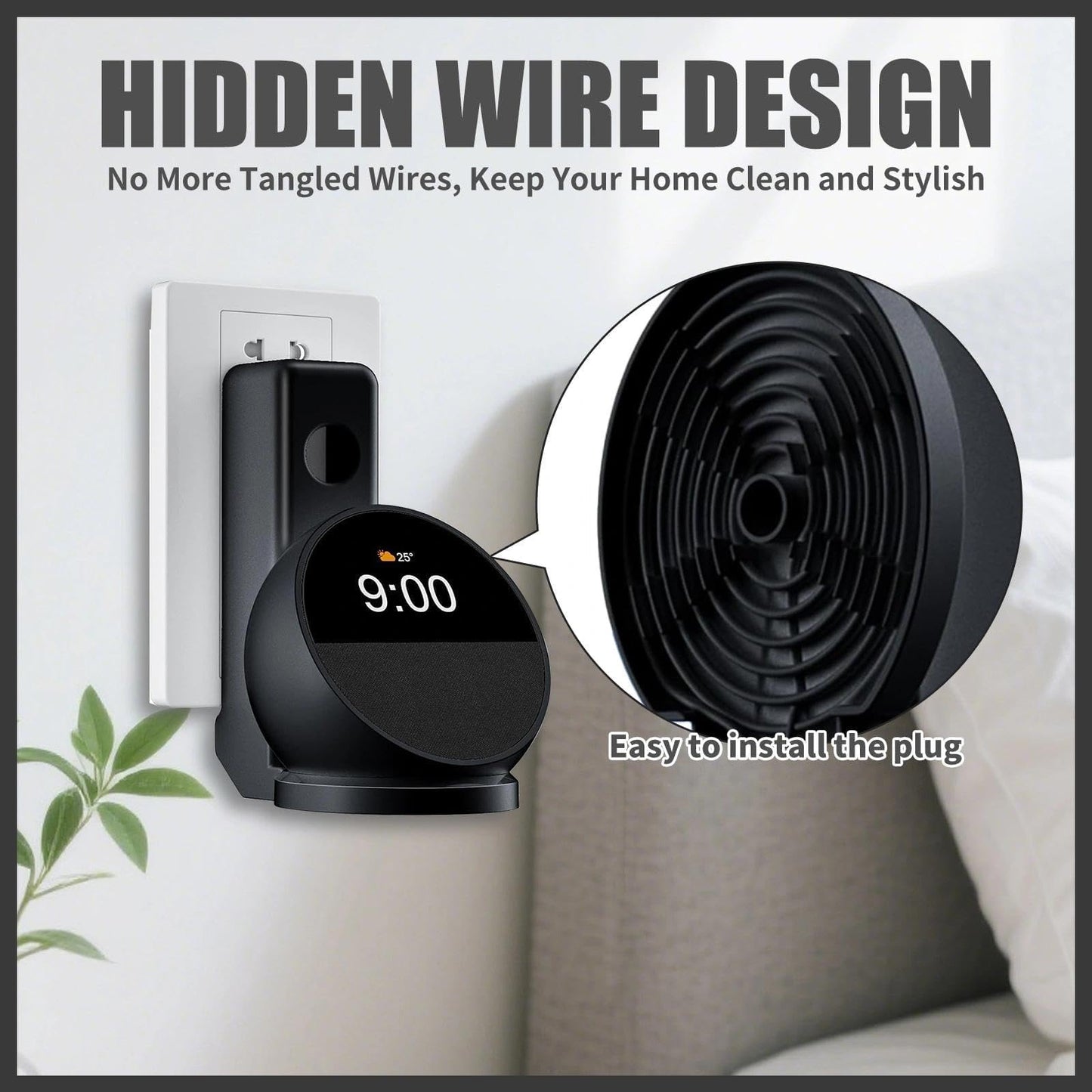 DJBNT Wall Mount Holder Compatible with Echo Spot 2024, Outlet Mount with Hidden Cable Management, Space-Saving Shelf for Bedroom, Kitchen, Living