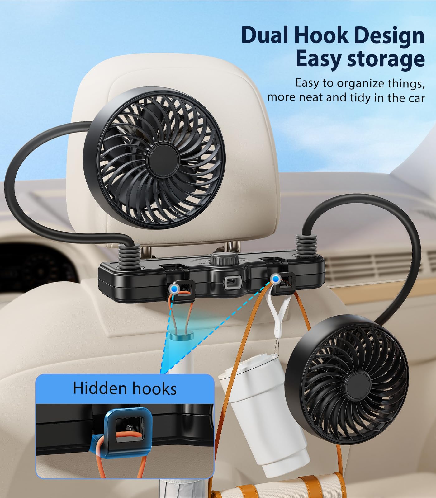 scenein Dual Head Gooseneck Car Cooling Fans for Back Seat for Kids, 3000mAh Battery Powered Rechargeable Usb Car Headrest Fan for Baby Rear Facing