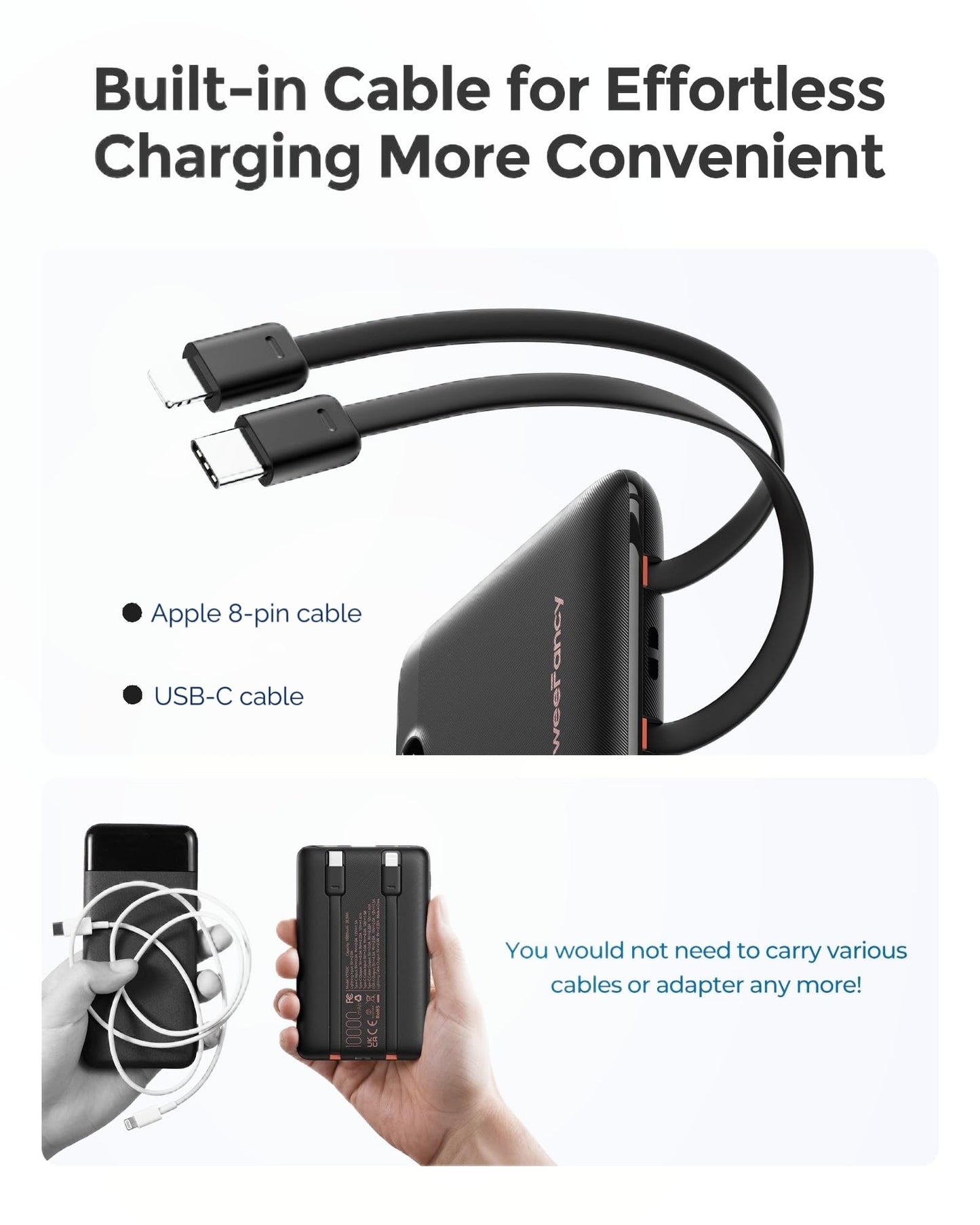 WeeFancy Mini Portable Charger with Built-in Cables-10000mAh 22.5W Fast Charging Power Bank,Smaller USB-C Battery Pack