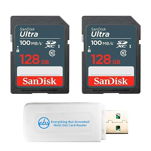 SanDisk (2 Pack) 128GB Ultra SD Memory Card 100MB/s Class 10 UHS-I SDXC (SDSDUNR-128G-GN3IN) Bundle with 1 Everything But Stromboli Multi-Slot Memory