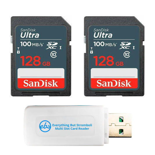 SanDisk (2 Pack) 128GB Ultra SD Memory Card 100MB/s Class 10 UHS-I SDXC (SDSDUNR-128G-GN3IN) Bundle with 1 Everything But Stromboli Multi-Slot Memory