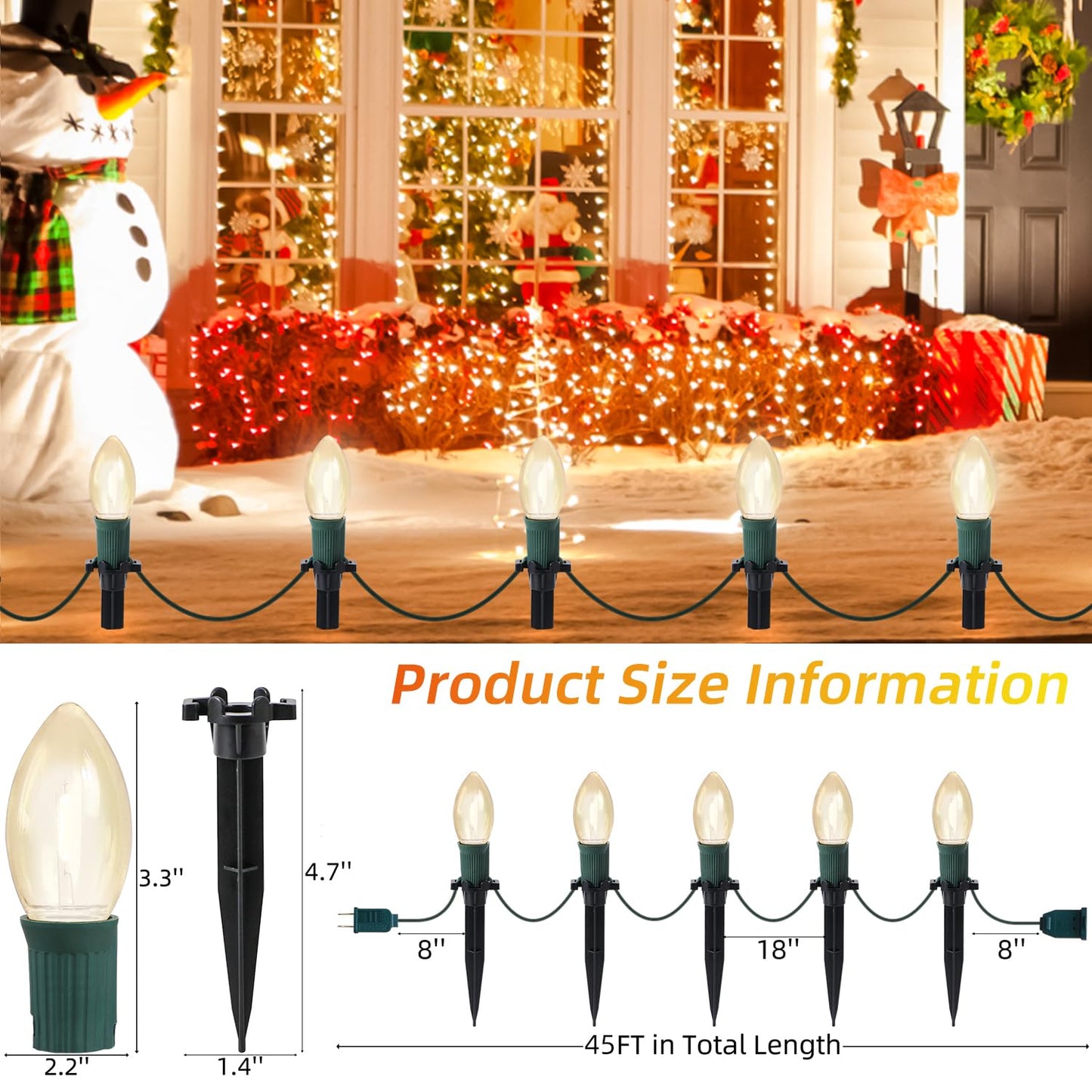 USOKYO 45Ft C9 Led Christmas Pathway Lights Outdoor, 30 Warm White Bulbs Waterproof Connectable Christmas Walkway Lights for Driveway, Yard, Lawn