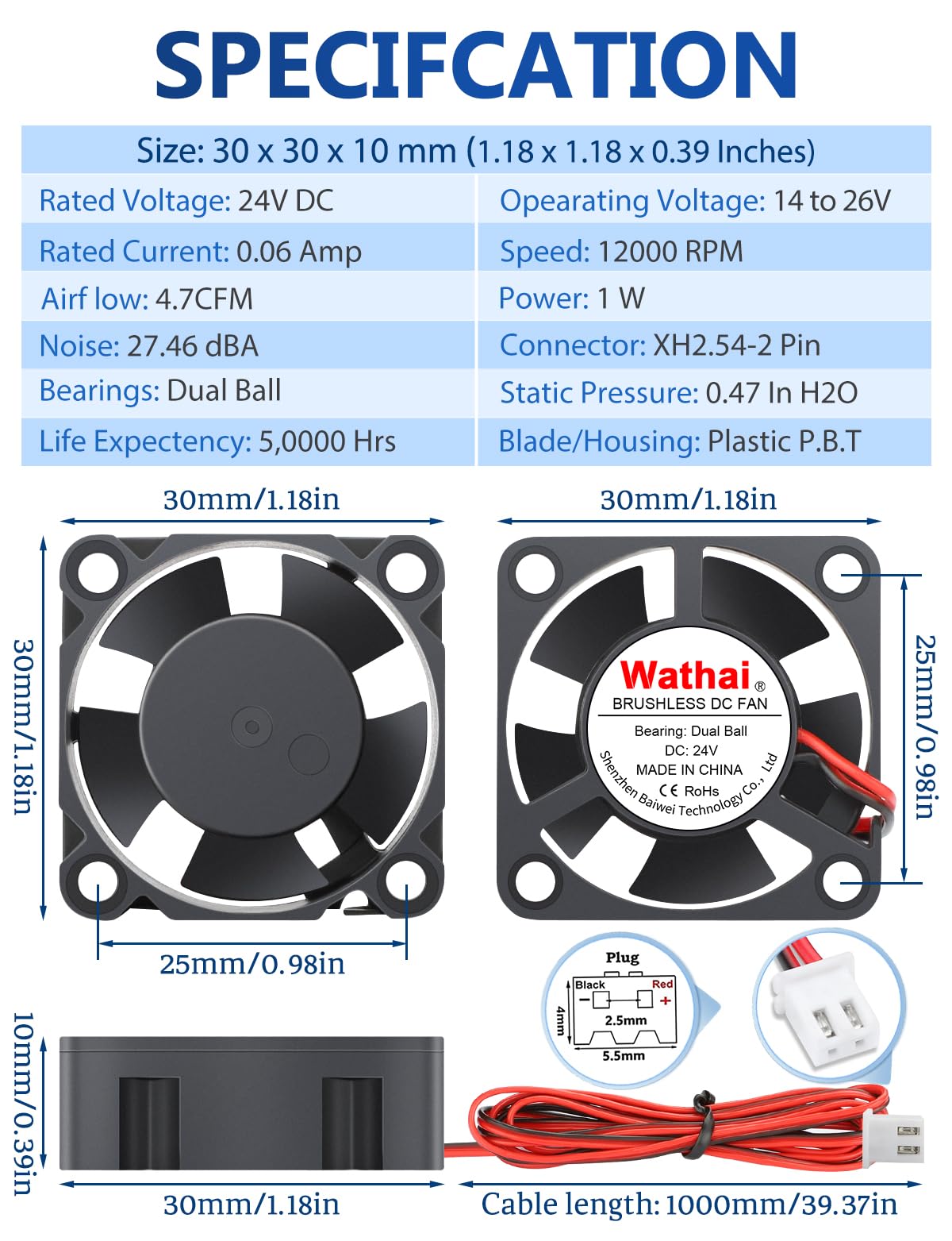Wathai 2pcs 3010 30mm Fan 24V Dual Ball DC Brushless 3D Printer Micro 24 Volt Cooling Fans 30x30x10mm 2Pin with 1000 mm / 3.3 FT Wires for 3D Printer