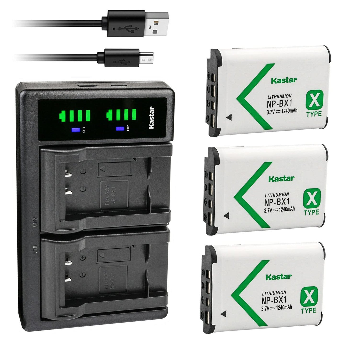 Kastar 3-Pack NP-BX1 Battery and LTD2 USB Charger Replacement for Sony HDR-AS300, HDR-AS50 Action Cam, HDR-AS50R, HDR-CX240, HDR-CX240E, HDR-CX405